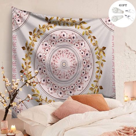 Tapiz de pared bohemio, diseño de mandala indio, estilo bohemio, decoración suave y sedosa para dormitorio y sala de estar (natural, 150 x 130 cm). (1/5)