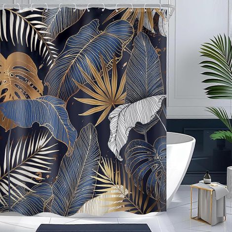Rideau de douche bleu marine/blanc/or/marron, 180 x 180 cm (L x H), style tropical abstrait avec feuilles de palmier hawaïennes, motif botanique moderne, 12 crochets (1/5)