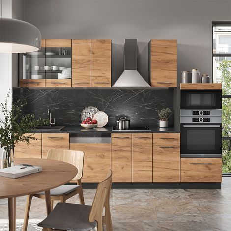 Mueble de cocina Fame-Line, Oro power roble/antracita, 300 cm con armario alto, ET Antracita, Vicco