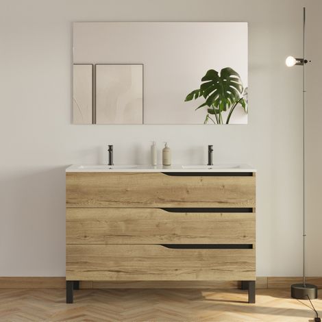 Meuble de salle de bain 120cm avec plan double vasque - 3 tiroirs - madera miel (bois clair) - MATA (1/5)