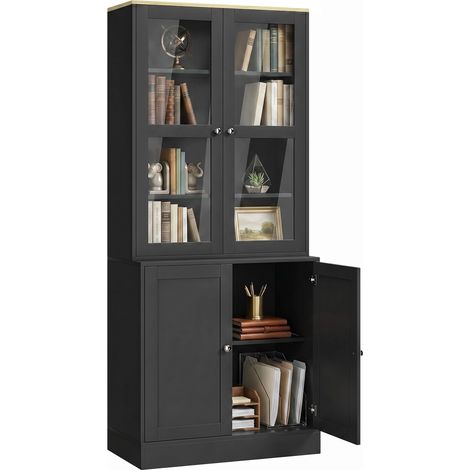 Bibliothèque - HOMCOM - 6 niveaux avec 4 portes dont 2 en verre trempé, étagères réglables - MDF - 76x40x179cm - noir (1/5)