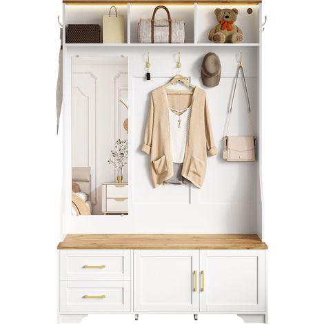 Armoire entrée couloir LED miroir crochets tiroirs rangement assise moderne 80x30x180 cm