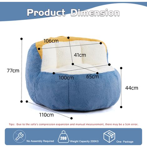 Pouf géant rembourré, canapé moelleux en fausse fourrure multicolore avec mousse fragmentée, grand convertible-lit pour séjour, prêt à l'emploi, teintes bleu, blanc et jaune (1/5)