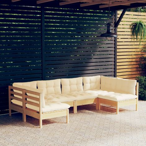 Salon de jardin 6 pcs Ensemble Table et Chaise de Jardin - avec coussins crème Bois de pin massif BV616117 - BonneVie (1/5)