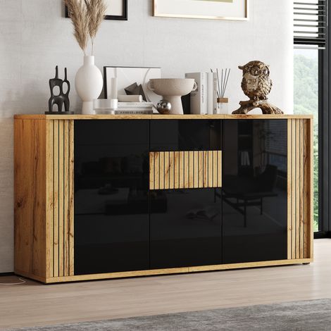 Aparador buffet bajo 140x35x71 cm para salón con 3 puertas y 6 compartimentos mueble auxiliar de mdf diseño moderno ondulado - negro brillante y madera natural (1/5)