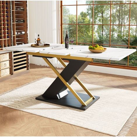Esstisch Ausziehtisch (120-160×80cm), Küchen-Wohnzimmertisch, Ausziehtisch, mit Hilfe von innenliegender Einlegeplatte auf 160cm ausziehbar, Esstisch mit goldenen Kreuzbeinen (1/5)