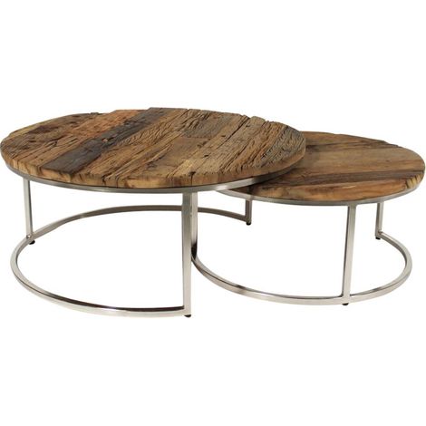 Made In Meubles – Table basse gigogne ronde en bois recyclé – Style industriel – Plateau en bois brut – Dimensions 39.5 x 90 x 90 cm
