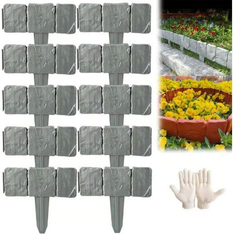 Gartenzaun in Steinoptik – DIY-Gartenbegrenzung in Steinform, kleine Zauneinfassung für Blumenbeete und Gärten im Innenhof – A – Ein Set (10 Stück)