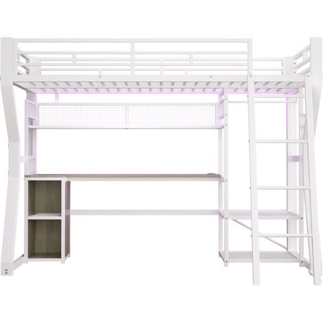 Letto a soppalco 90 x 200 cm in metallo e MDF con scrivania, ripiani, luce e presa, bianco (1/5)