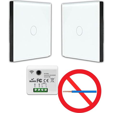 Interrupteur sans fil tactile – Kit prêt à poser avec 2 télécommandes murales – Module radio encastrable sans neutre – Design en verre trempé (1/5)