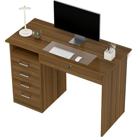Bureau Informatique avec 5 Tiroirs, 110 x 50 cm, Bureau avec Rangement, Étagère Ouverte, Tiroir Verrouillable, Noyer (1/5)
