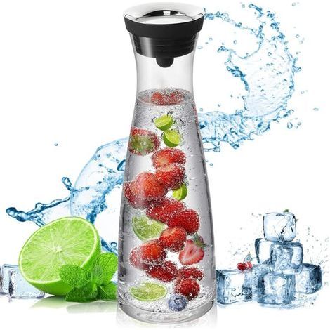 Carafe en Verre,1200 ML Pichet à Eau en Verre Couvercle en Silicone,pour Boisson Maison/thé glacé/Lait/café/vin de Service, Transparent, Noir (1/4)