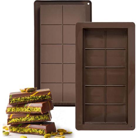 LYERCW - 2 moules à barres chocolatées, moules en silicone Dubaï pour barres chocolatées, moules profonds à démoulage facile, moules antiadhésifs à 10 alvéoles pour barres chocolatées (marron) (1/5)