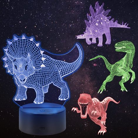3D Illusion Dinosaur Lamp, 4 Dinosaur Patterns Night Light 16 Changing Colors with Remote Control, Children's Room Decoration (1/5)