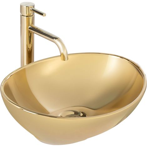 REA – Vasque à poser céramique sanitaire or 410x345x150mm – Lavabo moderne sans trou de robinet – Pour salle de bain (1/5)