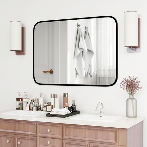 Costway – Miroir mural rectangulaire 70 x 50 cm – Verre trempé incassable – Cadre en aluminium résistant à l'eau – Montage vertical ou horizontal - BAIN 70 X (1/5)