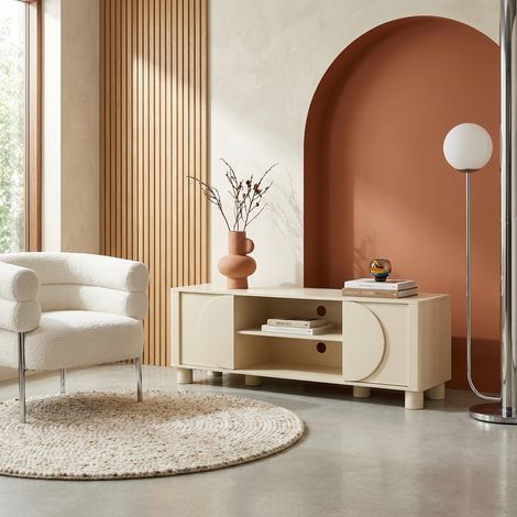 Meuble TV décor bois beige 2 portes 155cm Pondi (1/5)