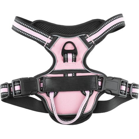 Doppellagiges Hundegeschirr, verstellbar, aus atmungsaktivem, reflektierendem Netzgewebe, ausbruchsicher, ideal für Outdoor-Wanderungen, rosa, Größe M. (1/5)