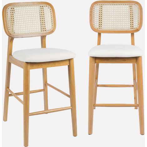 Set 2 sgabelli da bar in legno di hevea con impagliatura e tessuto, 66,5 cm