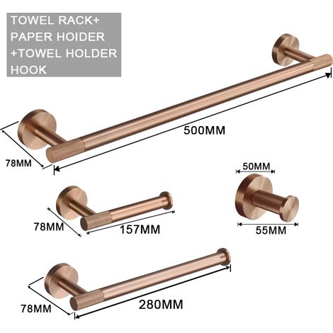 (Ensemble de 4 pièces A) Accessoires de toilette en or rose brossé : porte-brosse de toilette, porte-papier toilette, barre porte-serviettes, crochet de suspension, porte-savon. (1/5)
