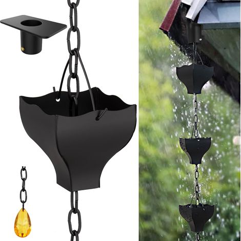 Chaîne de pluie noire de 2,6 m pour gouttières extérieures, avec coupelles et tonneaux noirs, remplacement fonctionnel et décoratif (1/5)