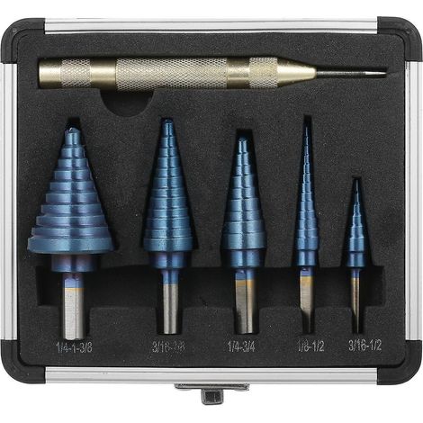 50 HSS-Stufenbohrer mit automatischem Körner und Aluminiumkoffer, Titan-Mehrlochbohrer