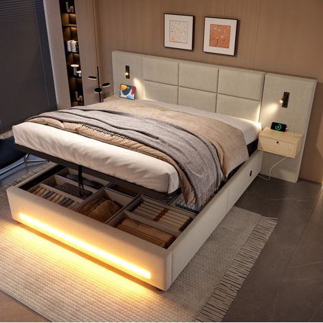 Lit capitonné européen 180x200 cm en velours beige avec large tête de lit, tiroirs, éclairage LED, USB-C et coffre relevable (1/5)