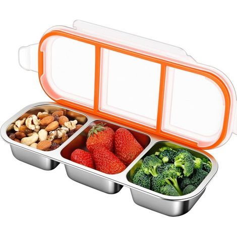 Snack Box en Acier Inoxydable Boîte À Condiments Réutilisable À 3 Compartiments avec Couvercles Pour Les Enfants et Les Adultes, boîtes À Snacks (1/5)
