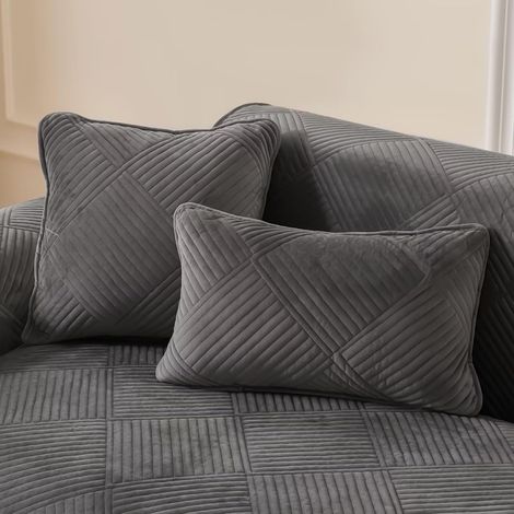 1 Housse de canapé, Tissu flanelle, Antidérapante, Gris foncé, Salon