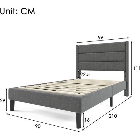 Cadre de lit 90x200 cm avec sommier à lattes et tête de lit, revêtement en lin gris, design moderne et intemporel, literie complète pour adolescent (matelas inclus) (1/4)