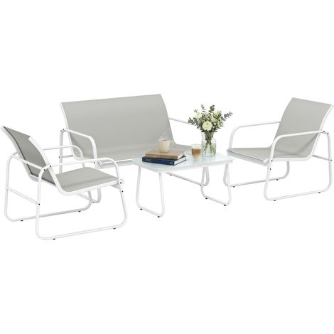 Ensemble de jardin 4 pièces comprenant un canapé 2 places, 2 fauteuils, une table en verre trempé et un revêtement en tissu textilène gris clair.