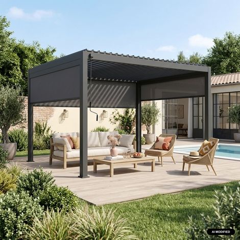 sweeek - Pergola bioclimatique en aluminium. lames orientables 3x4m + 2 stores 3m + 1 store 4m TRIOMPHE anthracite (1/5)