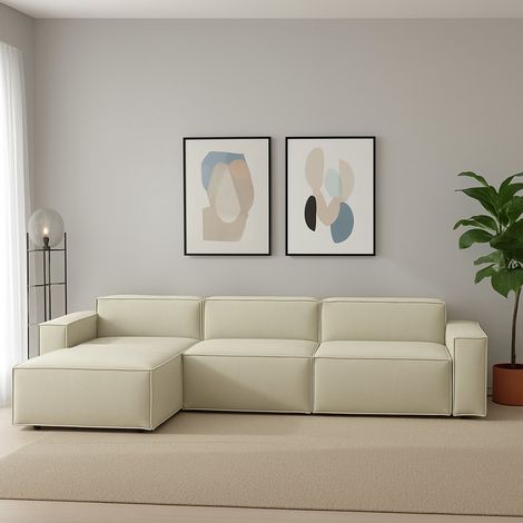 Dmora - Sofá fijo Dgarzy, Sofá modular 4 plazas península izquierda, 100% Made in Italy, Sofá moderno en tela, Cm 340x170h70, Beige (1/5)