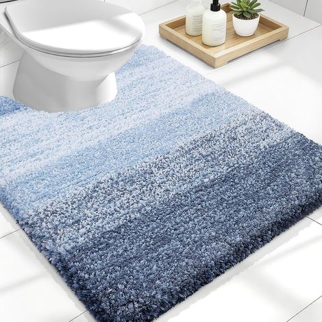 Tapis de Salle de Bain de Luxe en Forme de U - en Microfibre Extra Douce et absorbante, antidérapant à Poils Longs - Lavage en Machine - 61 x 50,8 cm - Bleu (1/5)
