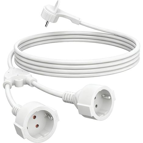 Rallonge de 2 m, avec fiche plate, 2 prises, contact de protection, 230 V/16 A, double prise pour prise IP44, pour la maison, le bureau, blanc (1/5)