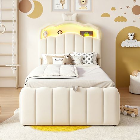 Lit capitonné enfant 90x200 avec rangement hydraulique et led couleur - velours - ports usb et usb-c - beige (1/5)