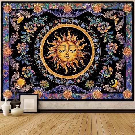 Tapestry Soleil Lune - Motif Floral Psychédélique - Tissu Polyester - Décoration Murale Chambre Salon - 4 Dimensions Disponibles (1/5)
