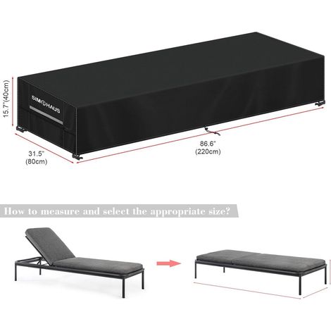 Housse imperméable pour chaise longue de jardin (1 pièce), tissu 600D résistant aux intempéries, protection UV, coupe-vent, dimensions : 203 x 69 x 36 cm (H), noir (1/3)
