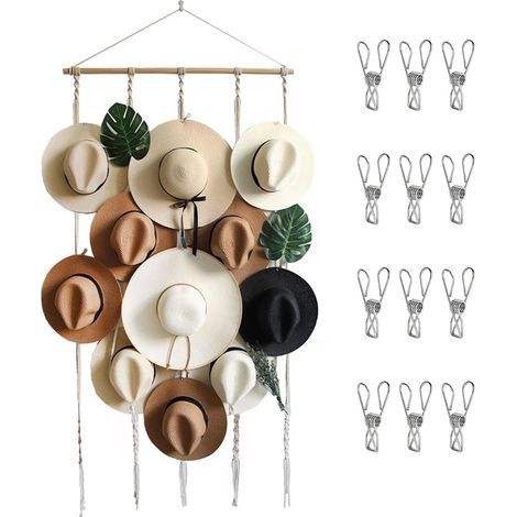 Wall-mounted hat rack with 12 clips, bohemian hat storage, decorative holder for wide-brimmed Fedora Cowboy hats (155 x 80 cm) (1/5)