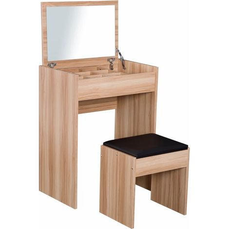Dressing Table with Mirror and Stool, Vanity Makeup Table with Flip Up Mirror, Vanity Desk with Storage Unit and Padded Seat, Wood