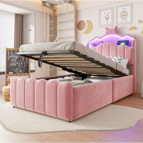 Letto contenitore bambino 90x200 cm con LED, USB e USB-C, contenitore idraulico e testiera contenitore, velluto - rosa (1/5)