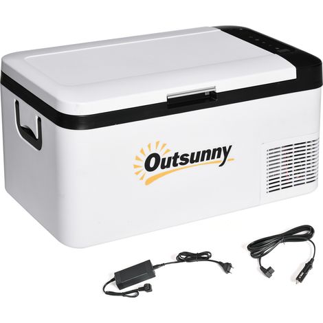 Réfrigérateur blanc portable 18 L 12/24 V jusqu'à -20 °C avec LED et poignées pliables 58,5x33,5x29,2 cm, accessoire voyage design sobre pour camping pratique et compact