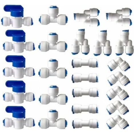 Raccord Osmoseur de filtre à eau, Raccord Droit 1/4" (6MM) Pushfit pour Tuyau de Filtre à Eau, Raccords pour Réfrigérateur Tubes de (Robinet Combiné de Type Y + T + I + L + Robinet d'Arrêt)25 pièces