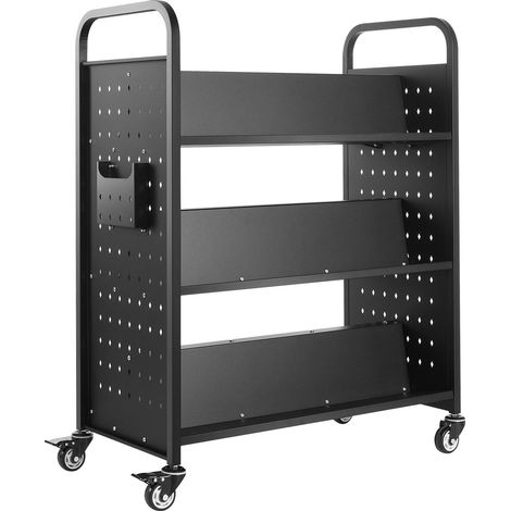Chariot de bibliothèque à roulettes noir 150 kg dimensions 97x51,5x122,5 cm étagères double face W roues verrouillables idéal maison bureau école (1/5)
