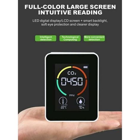 Détecteur CO2 - 400 à 5000 ppm - Température et Humidité - Écran LCD Couleur - Batterie 1200 mAh - Blanc (1/5)