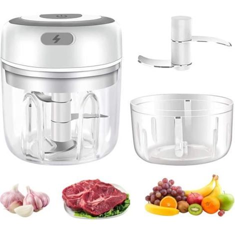 Hachoir de cuisine électrique rechargeable : capacité 250 ml, mini hachoir à oignons, coupe-légumes électrique avec lame (blanc) (1/4)