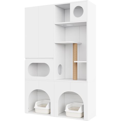 Katzentoilettenschrank aus weißem MDF 140 x 45 x 195 cm mit Kratzbaum und Ruhebereich (1/5)