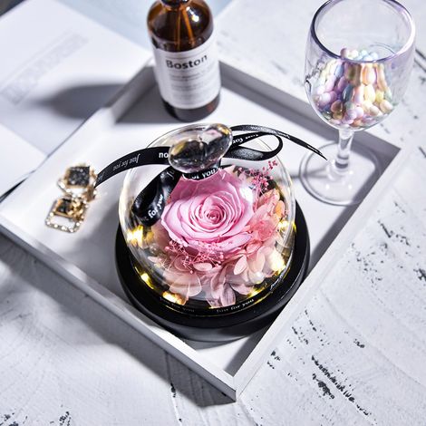 Rose Préserver - Dôme En Verre Avec Lumière LED - Cadeau Pour Anniversaire Fête Des Mères Saint Valentin Noël - 1 Pièce (1/5)