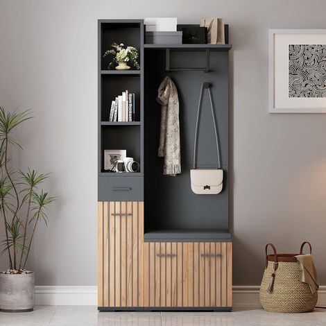 Recibidor de entrada - 80 x 35 x 175 cm - perchero recibidor 7 en 1 con banco zapatero, ganchos - estilo moderno - tablero de partículas - negro (1/5)