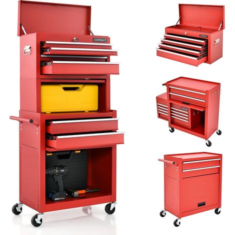 2-In-1 Lockable Tool Storage Cabinet High Capacity Rolling Tool Chest 6-Drawers